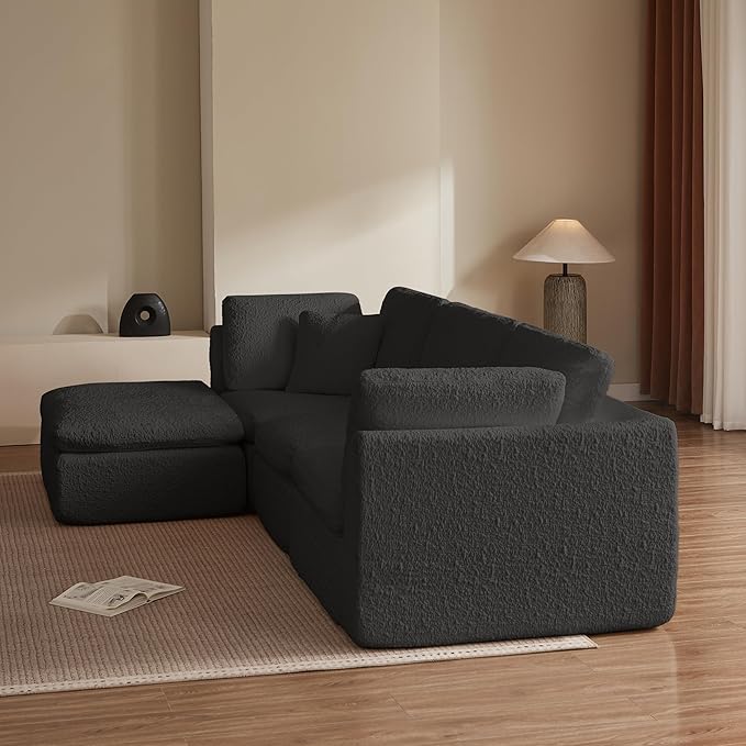 Cilee 110" Modular Sectional Sofa, Cloud Couch with Deep Seat, L-Shape Boneless Sofa, 3 Seat Memory Foam Sofa, No Assembly Required, Upholstered Couch for Living Room, Movable Ottoman, Chenille, Gray