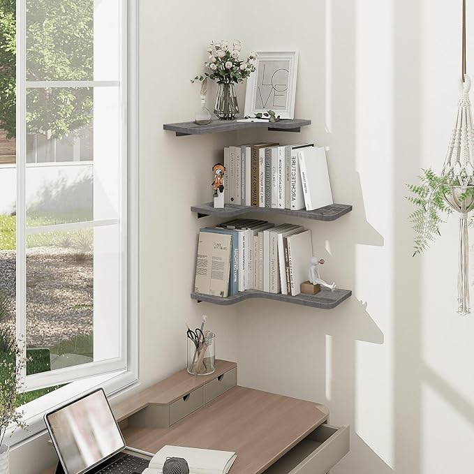 Homode Corner Shelves Wall Mounted, Set of 3 Floating Corner Shelves with Cord Hole, 3 Tier Wooden Hanging Shelves for Storage and Display, for Bathroom Kitchen Living Room, Rustic Grey