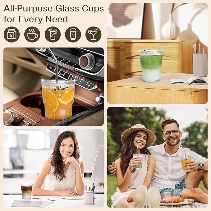 13oz Iced Coffee Cups,4Pcs Glass Cups with Lids and Straws Drinking Glasses,Clear Ribbed Glassware,Reusable Tumbler Glass to Go Cup for Matcha, Iced Tea,Juice