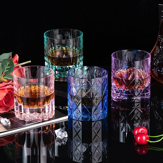 KAMMAK Crystal Whiskey Glass Set of 2, 7.78 oz (230 ml) Handmade Old Fashioned Tumbler, Thick Base Colored Glass with Delicate Rim & Seamless Design for Scotch, Bourbon, Cocktails, Blue 12-Facet
