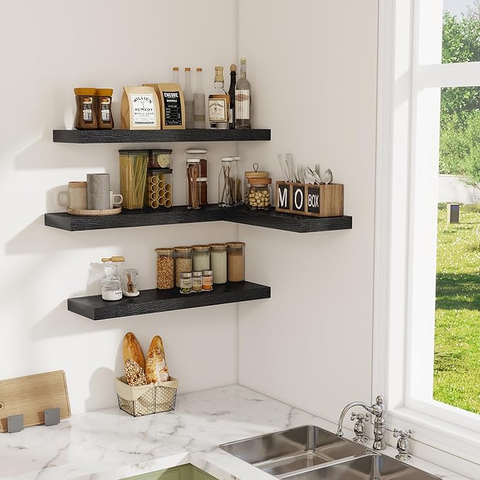 Floating Shelves for Wall, 24 Inch Floating Shelves Set of 2, Wall Mounted Rustic Wood Shelf for Bathroom, Living Room, Bedroom and Kitchen, Hanging Shelf for Storage, Books, Home Decor, Black