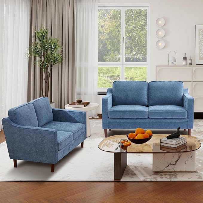 Kingfun 56" Chenille Sofa, Loveseat Couch, Mid Century Modern Love Seat Couches with Solid Wood Frame for Living Room & Bedroom, Light Blue