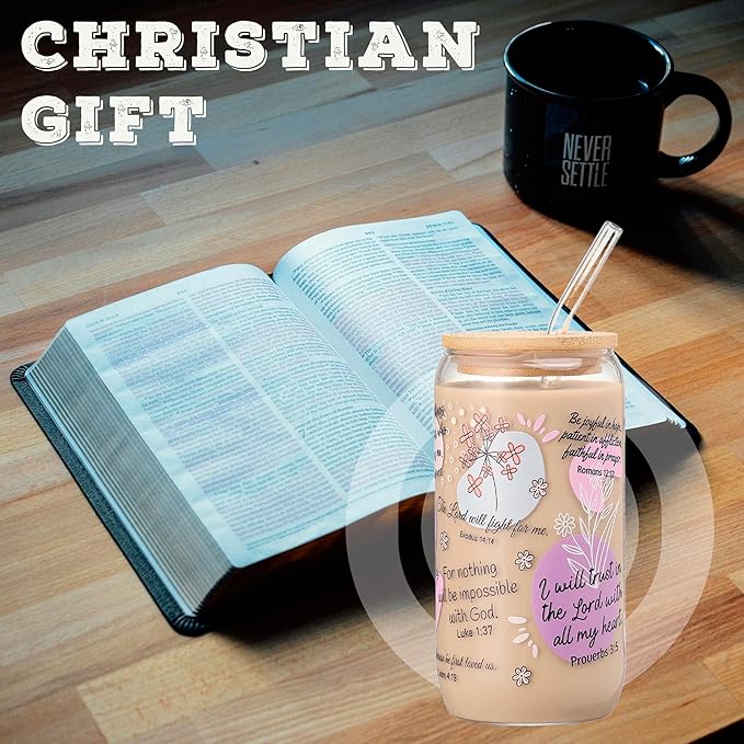 16oz Bible Verse Coffee Mug for Women – Christmas Christian Gifts, Daily Bible Affirmations Glass Tumbler with Straw – Inspirational Religious Coffee Cup for Birthday, Mother’s Day, or Faith Lovers