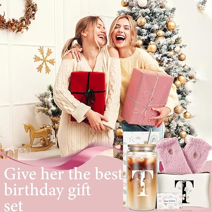 Unique Initial Glass Cup with Lids and Straws, Monogrammed Gifts Box Included Makeup Bag, Christmas Birthday Gifts for Women Mom Sister Grandma, T