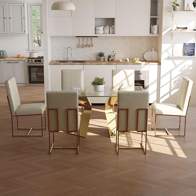 AUZ Dining Chairs, White and Gold Faux Leather Dining Chairs with Polished Stainless Steel Legs, Set of 2
