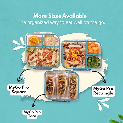 MyGo Pro Rectangular Container, 3-Compartment Clear Heavy Duty Plastic Food Storage Container, Portable Sleek Design, Spill-Resistant with Removable Gasket, 6.25" L X 9" W X 2" H