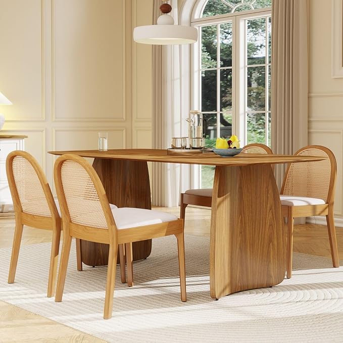 LukeAlon Linen Dining Chairs Set of 2, Natural Woven Cane Back Side Chairs with Solid Wood Legs Mid Century Dinner Chairs for Kitchen Living Room, Beige