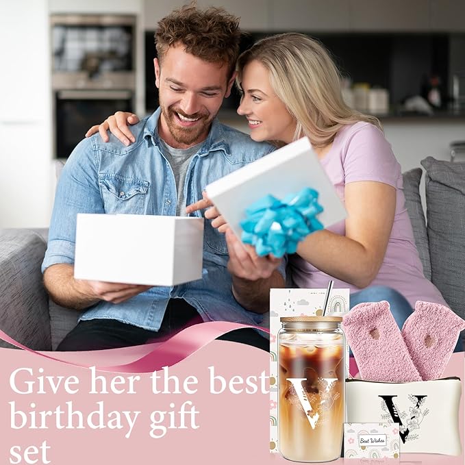 Unique Initial Glass Cup with Lids and Straws, Monogrammed Gifts Box Included Makeup Bag, Christmas Birthday Gifts for Women Mom Sister Grandma, V