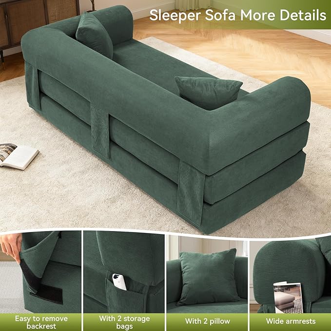 Convertible Futon Sofa Bed,80" Folding Pull Out Couch with Pillows & Storage Pocket, Oversized Queen Sleeper Sofa in a Box,Corduroy Boneless Couch for Living Room,Light Green