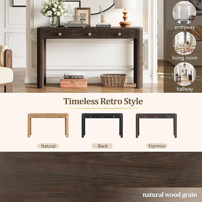Merax 52" Console Table with 3 Drawers, Rustic Entryway Table with Curved Corners, Narrow Long Sofa Table for Living Room, Hallway, Entrance, Behind Couch, Foyer, Sturdy Thick Legs, Espresso