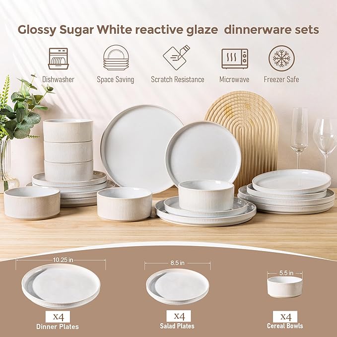 GBHOME Stoneware Dinnerware Sets for 4, Round Reactive Glaze Ceramic Plates and Bowls Set, Highly Scratch Resistant | Dishwasher & Microwave Safe ,Service for 4(12Pcs),Sugar White
