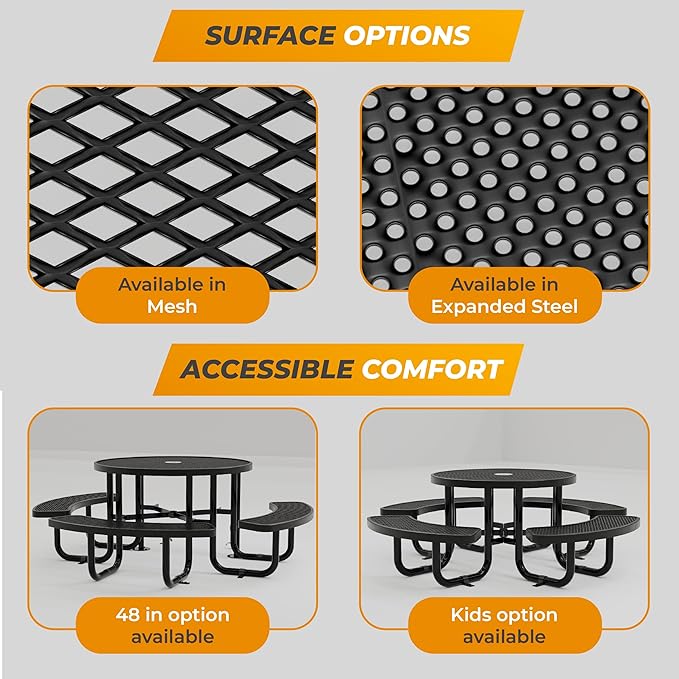 Metal Picnic Tables for Outdoors with Umbrella Hole - Coated Steel Heavy Duty Commercial Grade Furniture Set with Adjustable Seats (Brown, 38 in, Round, Expanded Steel)