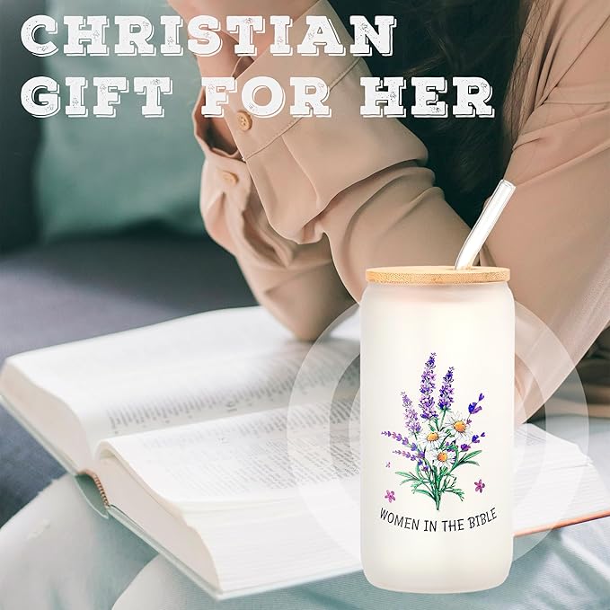Christian Gifts for Women - Women of the Bible Glass Coffee Tumbler with Straw and Gift Box - 16oz Christian Mug for Mother's Day, Sister, or Bible Lovers (Frosted Glass cup)