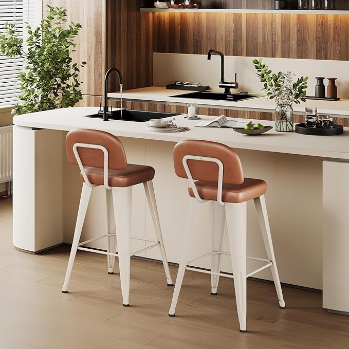 Aklaus PU Leather Metal Bar Stools 30 inch Faux Leather Bar Height Barstools Set of 2 Modern Farmhouse Bar Chairs with High Backs and Faux Leather Seat for Kitchen Island Dining Room White Brown