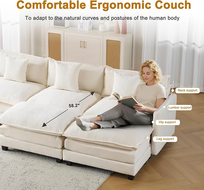 146" Cloud Chenille Sectional Couch 4+2 with Ottomans|Large Modular Sofa for Spacious Living Rooms|FSC Solid Wood Frame|29.1" Deep Seat|Easy Assembly & 1YR Guarantee