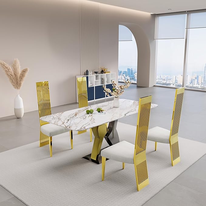 White and Gold Dining Chairs Set of 6, Luxury Dining Room Chairs with Mirror Polished Metal High Back and Legs, Modern Heavy duty Dining Chairs with Breathable Backrest for Living Room, Kitchen