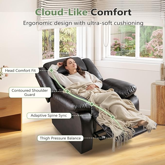 ANJ Manual Recliner Chair, Breathable Faux Leather Reclining Chairs with Overstuffed Arm and Back, Living Room Single Sofa Recliners (Dark Brown)