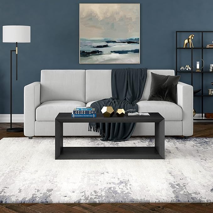 Henn&Hart 48" Rectangular Wood Coffee Table with Open Storage Shelf for Living Room, Family Room, or Office, Black Grain