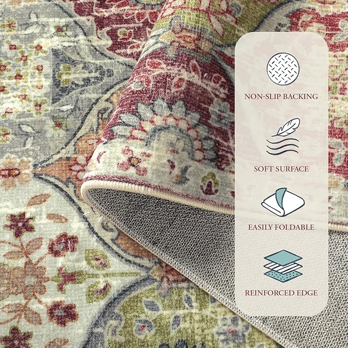 Lahome Moroccan Trellis Washable Round Area Rug, Round Rug 5ft Soft Non-Slip, Non-Shedding Distressed Circle Carpet for Bedroom Living Room Bathroom Nursery Kitchen, Orange/Terracotta