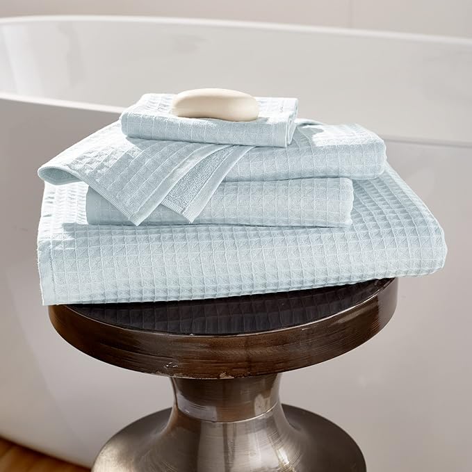 UCHINO Waffle Twist Cotton Weave Washcloth Towel for Bathroom Lightweight Absorbent Quick Dry Honeycomb Texture Solid Terry Loop Reverse 13" x 13", 1 Wash Cloth, Ocean Blue