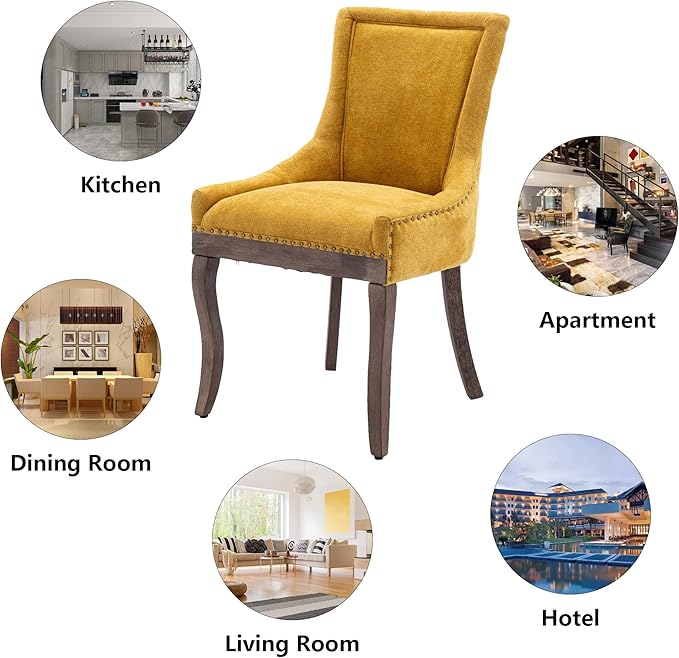 Farmhouse Dining Chairs Set of 6, Upholstered Fabric Dining Room Accent Chairs with Wood Legs & Bronze Nailhead, High Wingback Kitchen Chairs for Living Room Hotel Apartment, Golden Yellow