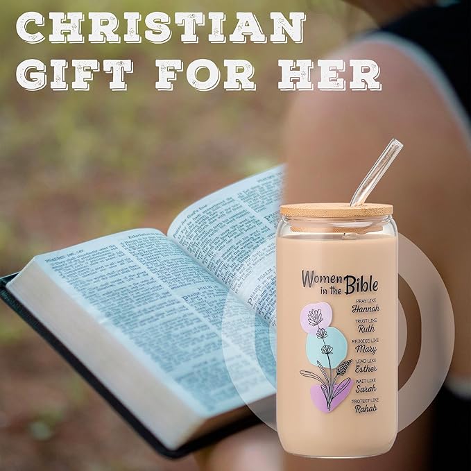 Christian Gifts for Women - Women of the Bible Glass Coffee Tumbler with Straw and Gift Box - 16oz Christian Mug for Mother's Day, Sister, or Bible Lovers