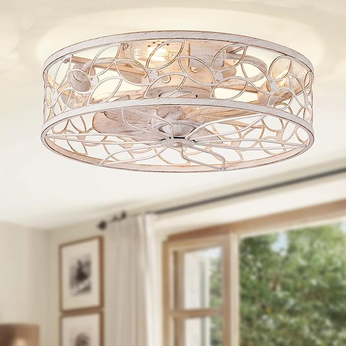 LEDIARY Caged Ceiling Fans with Lights, White Flush Mount Ceiling Fan with Remote, Small Low Profile Bladeless Ceiling Fan Light Fixture for Bedroom, Kitchen, Dining Room-White Gold Color
