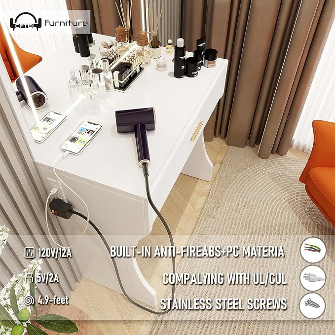 Vanity Desk, Makeup Vanity with LED Light Mirror, Small White Vanity with a Super Large Drawer and Power Outlet, 3 Color Lighting Modes Makeup Table for Bedroom, Dressing Room (White1)