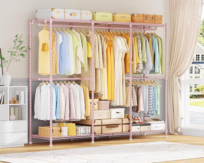 E14 Heavy Duty Clothes Rack,Freestanding Clothing Racks for Hanging Clothes,Adjustable Closet Organizers and Storage,Metal Garment Rack with Shelves 69" W x16 D x77 H,Max Load 960LBS,Pink