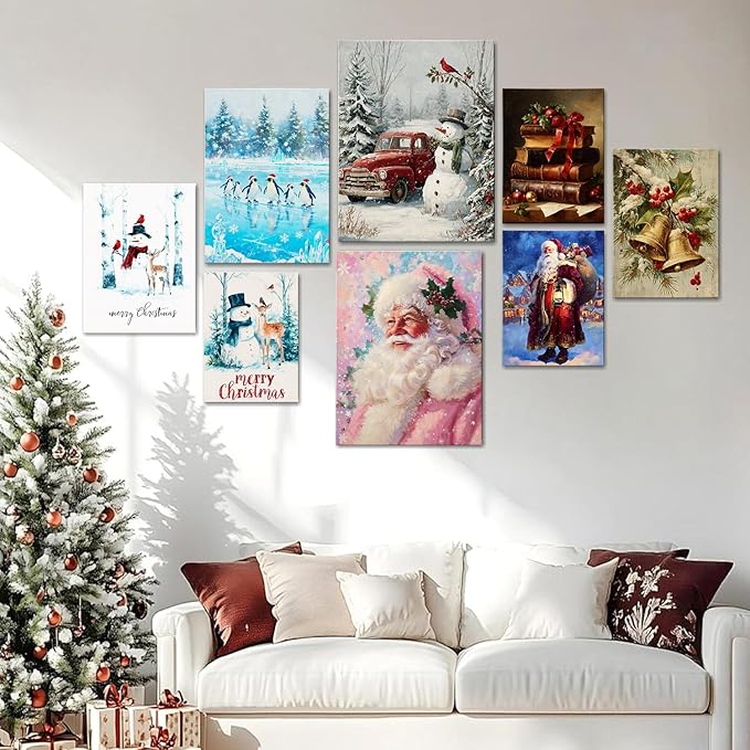 Christmas Penguin Canvas Wall Art - Playful Penguins in Snowy Forest Scene Framed Print for Living Room & Bedroom, Cozy Christmas Wall Decor, Charming Christmas Gifts & Festive Decorations
