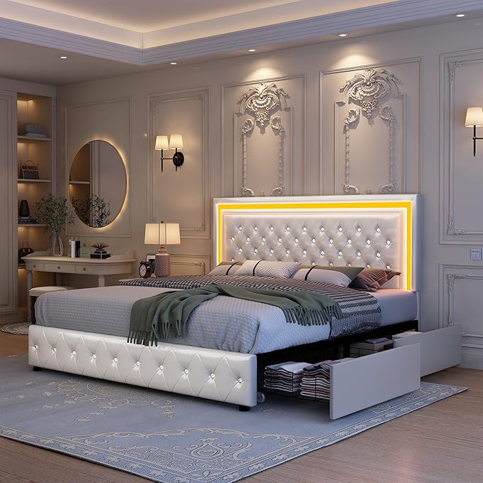 Full Led Bed Frame with 4 Storage Drawers, Bed Frame with Led Lights No Box Spring Needed, 900 lbs Capacity, Easy Assembly, PU White