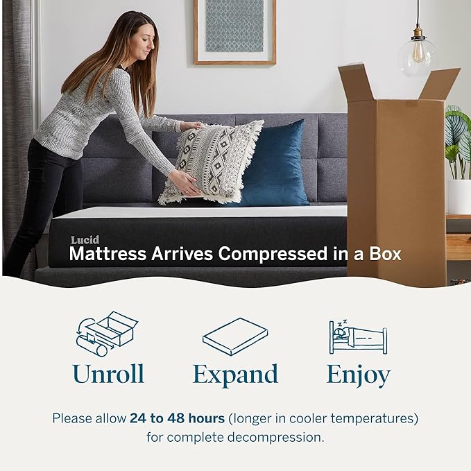 Lucid 8 Inch Memory Foam Mattress - Medium Plush Feel - Infused with Refreshing Bamboo Charcoal and Cooling Gel - Bed in a Box - Temperature Regulating - Pressure Relief - Breathable - Queen Size