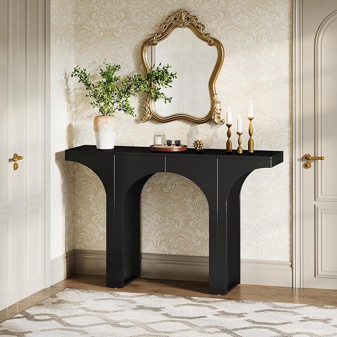 Tribesigns Black Console Table, 94-Inch Entryway Console Table, Wood Sofa Table Behind Couch with Arched Base, Narrow Hallway Table, Modern Foyer Accent Table for Entrance Living Room (Set of 2)