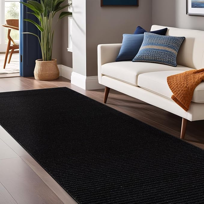 Non Slip Black Solid Rubber Back Thing Runner Rugs for Living Room 2x7 for Kitchen, Rug for Bedroom and Hallway, Stain Resistant Easy Cleaning Non Shedding Carpet Black 2 x 7