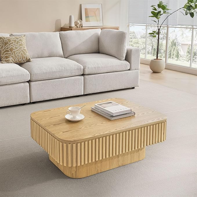 Lift Top Coffee Table for Living Room,Rectangle Handmade Solid Wood Strips, Fluted Coffee Table with Hidden Storage Compartment Small Space Office Apartment (38.6" L×26.8''W×13.8''H-Natural)