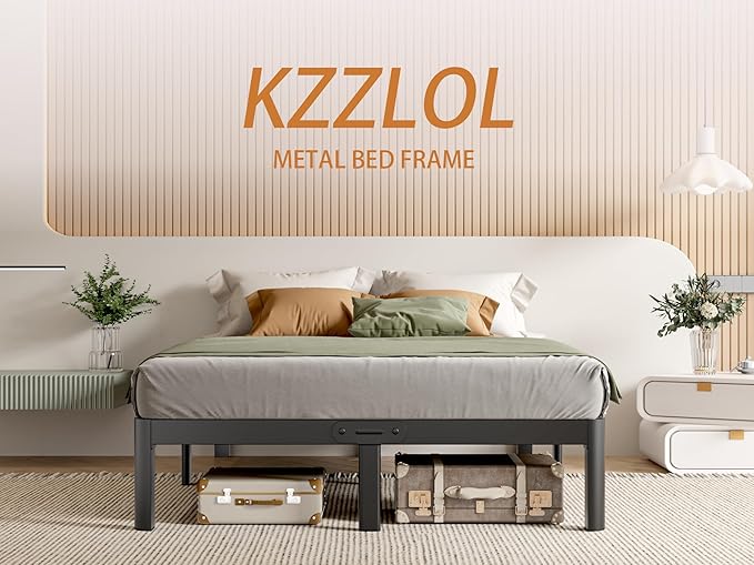 Black King Size Bed Frame 12 Inch, Metal King Bed Frame No Box Spring Needed, DIY Headboard Holes, Heavy Duty Steel Support 3500 LBS, Noiseless, Round Corner Leg, Storage Space, Easy Assembly
