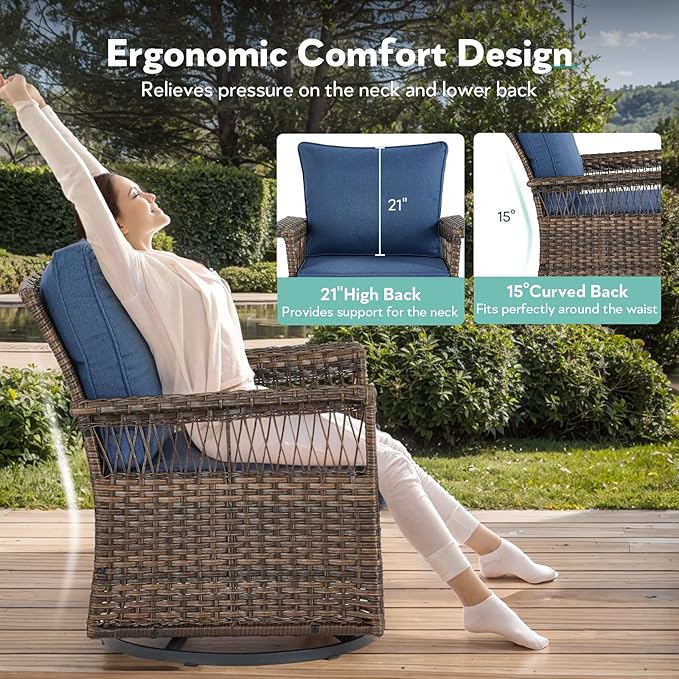 Outdoor Swivel Glider Chairs Set of 2 - Hollow Widen Armrests Wicker Patio Furniture Set, Comfortable High Back Outside Swivel Rocker for Balcony Porch Deck and Yard - Brown/Blue