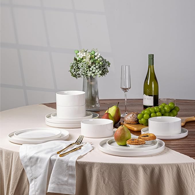 LERATIO Ceramic Dinnerware Sets for 4,12 Pieces Poreclain Plates and Bowls Sets,Scratch Resistant Dishes,Dishwasher & Microwave Safe Dishes Set,Service for 4-White