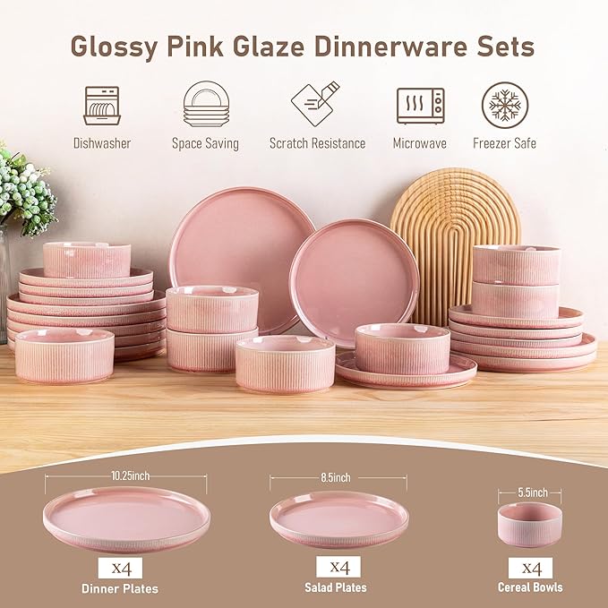 GBHOME Stoneware Dinnerware Sets for 4,Round Reactive Glaze Ceramic Plates and Bowls Set,Highly Scratch Resistant | Dishwasher & Microwave Safe Dishes Set,Service for 4(12Pcs),Pink