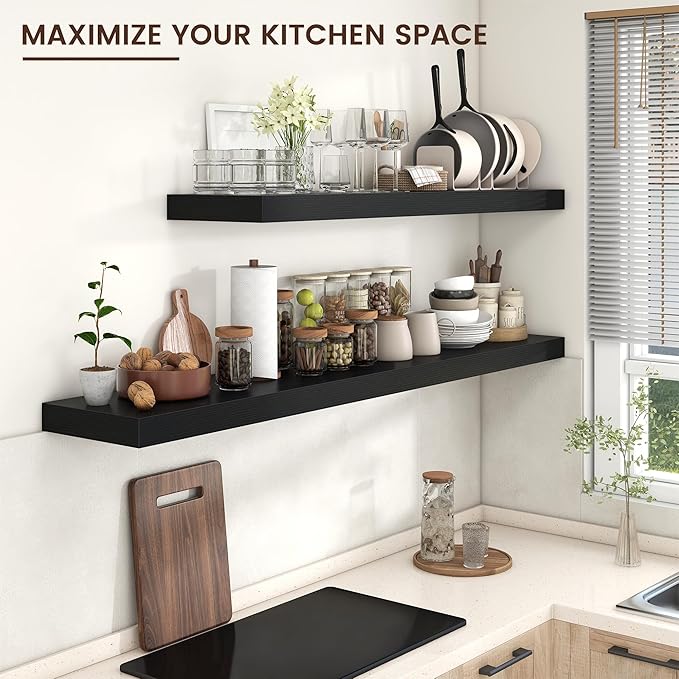 Floating Shelves for Wall, 72 Inch Wide x 12 Inch Deep Floating Shelves, Long Wood Floating Wall Shelf Shelves for Living Room Bathroom Bedroom Kitchen Home - (Black, 72" W x 12" D x 2" H)