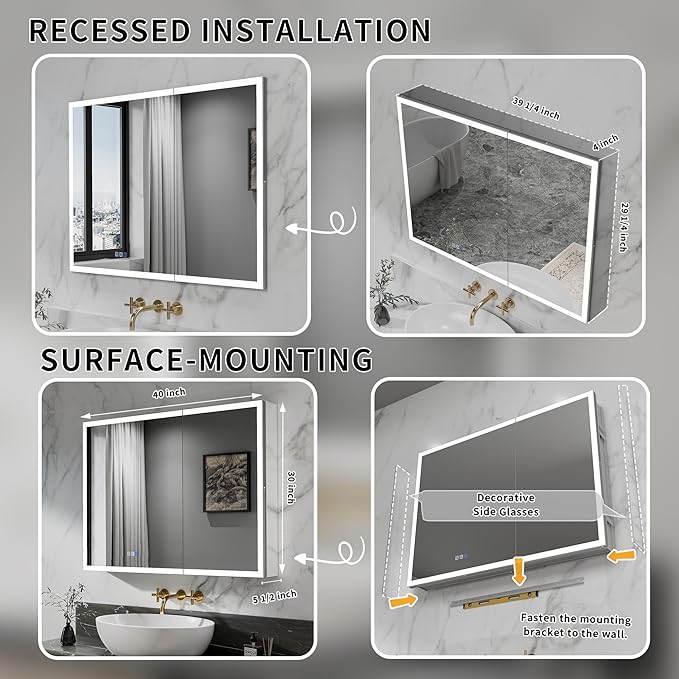 GroGro LED Lighted Bathroom Medicine Cabinet with Mirror,40" W x 30" H Medicine Cabinet with Lights,Surface or Recessed Mounting,Defog,Dimming,3-Color Temperature Adjustment
