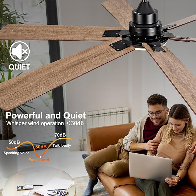 BOOMJOY 60 Inch Black Outdoor Ceiling Fans with Lights and Remote, Dimmable 6 Blade Large Outdoor Ceiling Fans for Patios, Black Ceiling Fan with Light for Bedroom Indoor Living Room