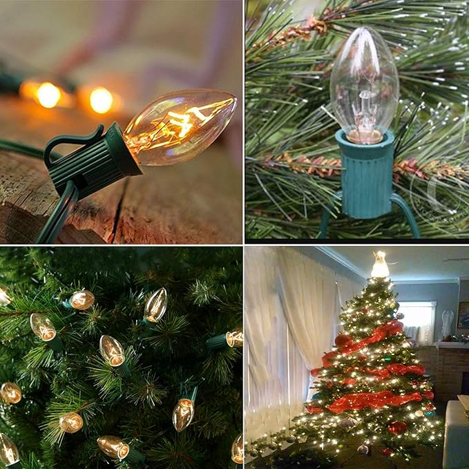 Couah C7 Christmas String Lights-25Ft Vintage Clear Lights with 27 Clear Incandescent Bulbs (2 Spare), Outdoor String Lights for Christmas Party Backyard Wedding - Green Wire