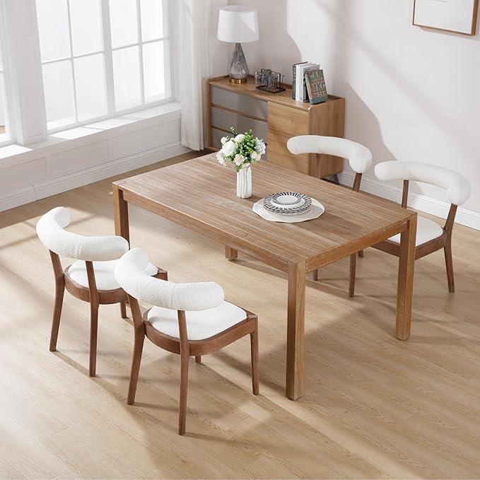 Kmax Dining Room Chairs Mid-Century Modern Sherpa Kitchen Chairs with Natural Walnut Finished Frame, Fur Curved Back, Set of 6, White