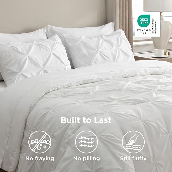 Bedsure Twin Comforter Set White - Bed in a Bag Twin Size Bedding 5 Pieces, GentleSoft™ Pintuck Bed Set Gift for Family, Pinch Pleat White Comforter with Sheets, Pillowcase & Sham