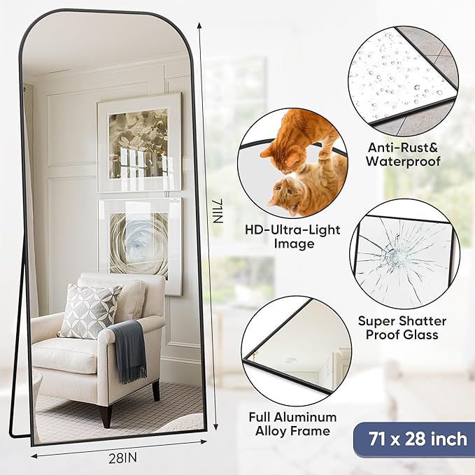 Antok Full Length Mirror, 71"x27" Floor Mirror Freestanding, Arched Floor Standing Large Mirrors Full Body Mirror with Stand for Bedroom, Hanging Mounted Mirrors for Living Room, Black