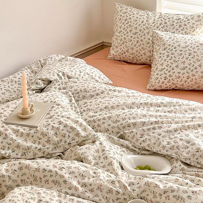Boho Floral Duvet Cover Queen Aesthetic Floral Comforter Cover Cotton Pink Floral Bedding Set Vintage Botanical French Style Duvet Cover Cute Flower Bedding Cover Cottagecore Comforter Cover Queen