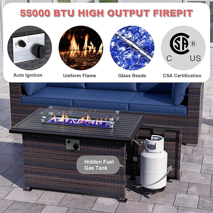 Kurapika 13 Pieces Patio Furniture Set, Rattan Wicker Outdoor Conversation Sets w/43in Propane Fire Pit Table, Swivel Rocking Chairs Patio Sectional Sofa w/4 Inch Cushion, Navy Blue