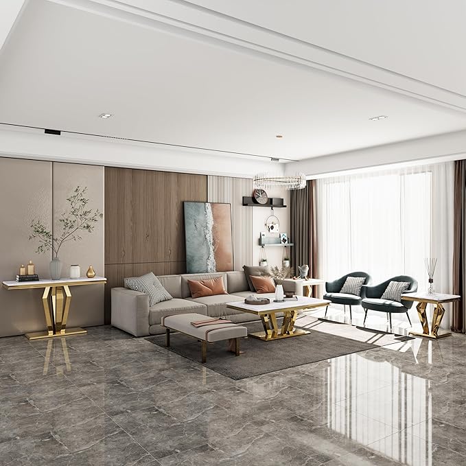 4-Piece Coffee Table Set, White and Gold Living Room Tables with 4 Geometric Bases, 1 Coffee Table + 2 End Table + 1 Console Table for Home Office