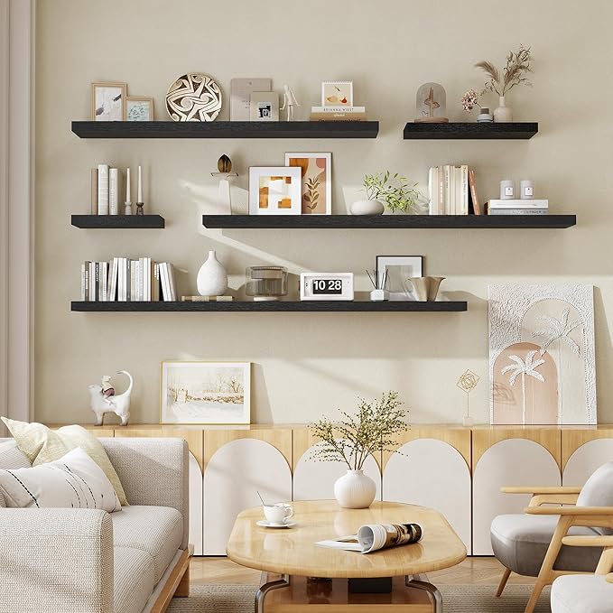 Fun Memories 55 Inch Floating Shelves for Wall, Fireplace Mantel Shelf with Invisible Heavy Duty Bracket, 8 Inch Deep Storage Shelf for Living Room, Kitchen, Farmhouse, Black (2-Pack)
